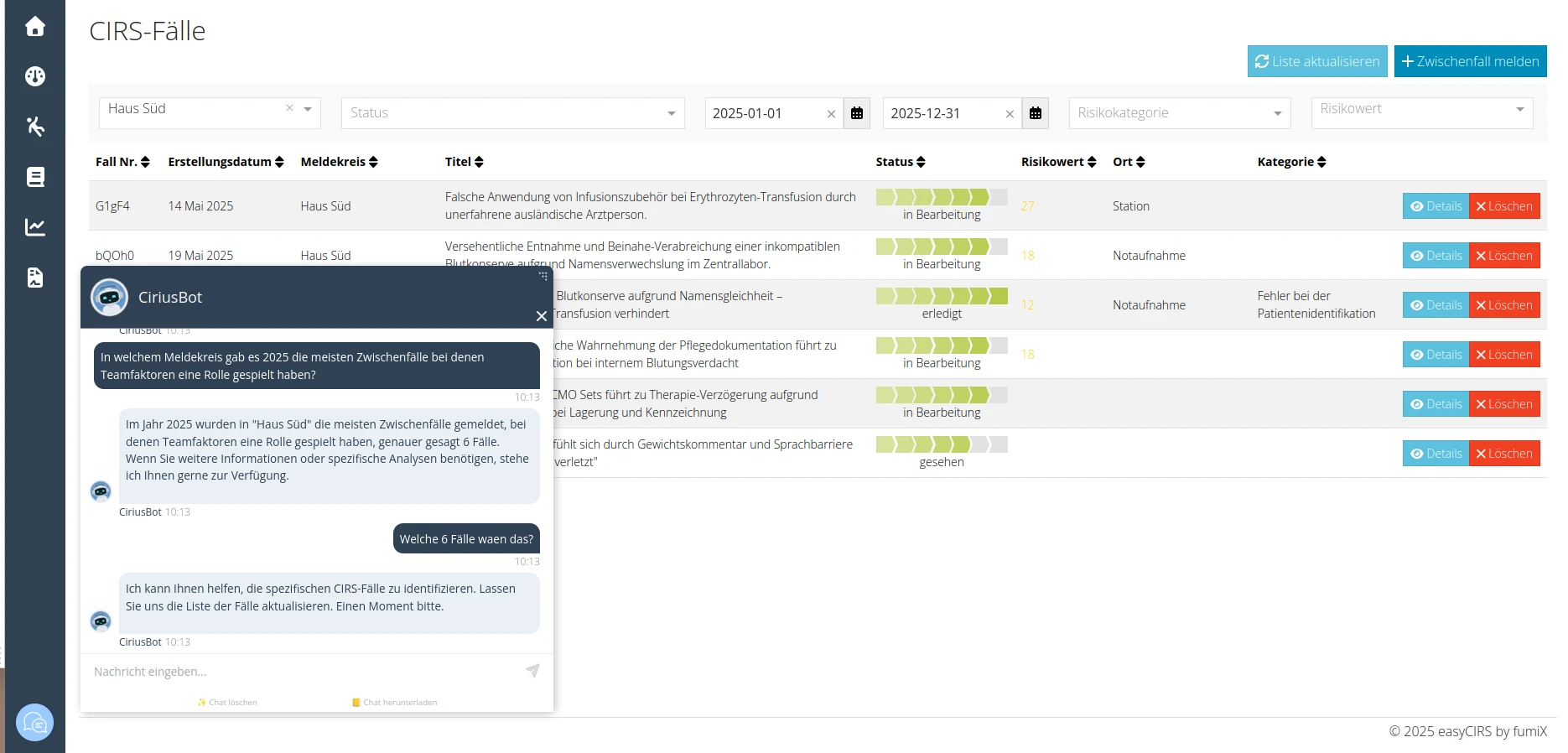 Screenshot - Liste der CIRS-Fälle